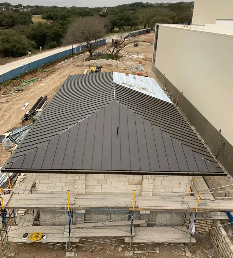 Metal roof new construction with scaffolding in Obetz